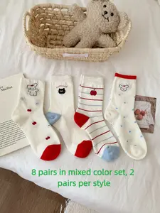 8 Pairs Mixed Color Women's Socks, Casual Cute Animal Cartoon Pattern, Trendy Daily Wear, Mid-Calf, All Seasons, Fitted Style