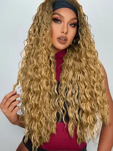 Water Wave Long Wavy Brown Wig Headband Wigs for Women Natural Looking Glueless Synthetic No Lace Front Wig with Headbands Curly Headband Wig