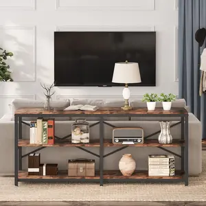 212 MAIN Industrial Chic 3-Tier Console Table - 70.9 in. Extra Long MDF Wood Piece with Storage Shelves, Easy Setup, Rustic Brown, Modern Entryway & Rustic Hallway Option for Behind Couch, Modern Entryway Table, Rustic Hallway Table