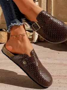 Summer Woven Texture Cork Sole Birkken Style Sandals, Breathable Retro Shoe Face, Adjustable Metal Buckle, Anti-Slip Wear-Resistant