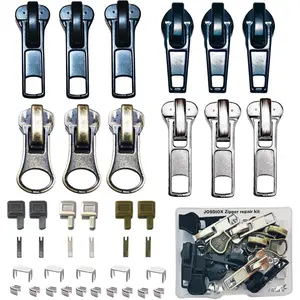Zipper Repair Kit: #5 Sliders with Pulls (12 Pcs) 5 Metal Zipper Retainer Box & Insertion Pins (6 Sets) Replacement Zip Bottom/Top Stops - Metal, Plastic, Nylon Coil Heads for Jacket Repair.