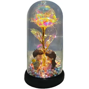LED Lighted Eternal Rose with Couple Figurine, Romantic Valentine's Day Gift, Bedroom Night Light, Anniversary Proposal Present (Rainbow Gold)