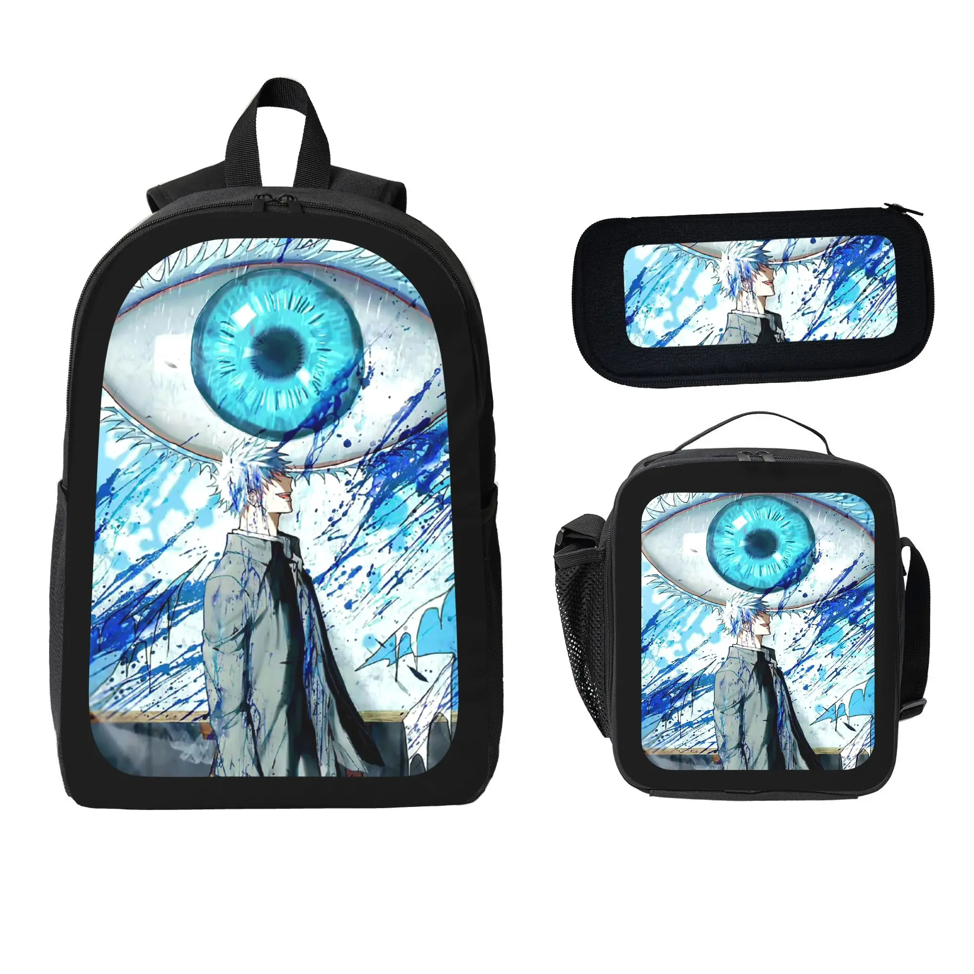 Anime Themed 3-Piece Backpack Combo - Featuring Yuji Itadori & Satoru Gojo, Spacious & Comfortable for Kids’ Daily School Use