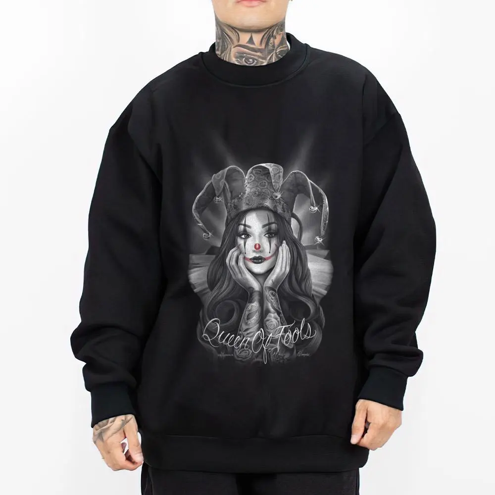 Women's Oversized Cotton-Polyester Fabric Comfortable Hoodie - Long Sleeve Crewneck Baggy Sweatshirt, Queen Of Fools Chicano Lowrider Style Dga Gangster Clothes