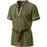 Runcati Men's 100% Cotton Loose Retro Casual Renaissance Pirate Shirt - Lace-Up Plain Top with Embroidered Hem, All Seasons Pirate/Viking Ready Classic Halloween Shirts for LARP Cosplay