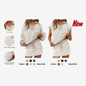 Fisoew Striped 2 Piece Outfits Casual Sweatshirt Skirt Set Long Sleeve Skort Workout Set Matching Lounge Sets Women's Two Piece Outfits Matching Sets Women 2 Piece Set #TikTokShopHolidayHaul