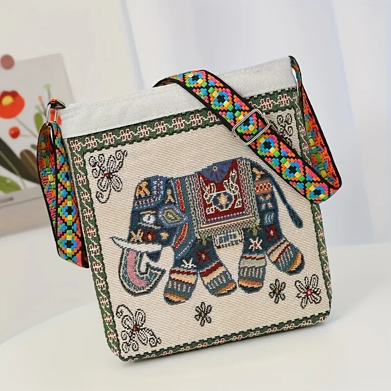 Women's Classic Tapestry Crossbody Bag - Textured Floral Elephant Design, Colorful Woven Ribbon Strap, Woven Ribbon Purses Crossbody Bags, Tapestry Cloth, Shoulder Wear, Textured Elephant Pattern, Crossbody Purse, Casual