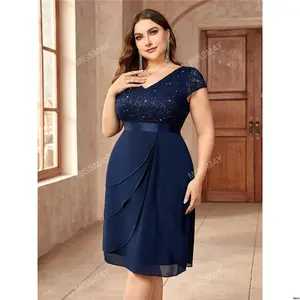 Swing Party Cocktail Hem Trim Neck Lace Plus Sequin V Ruffle Chiffon Dress