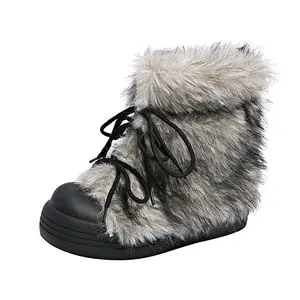 Women's Vintage Furry Snow Shoes - Classic Stylish Warm Winter Boots with Plush Faux Fur Collar, Thick PVC Sole, Round Toe, Durable Fabric Upper, Non-Slip Traction, Cold Resistant for Casual Outfits, Brown 2025 Trendy Footwear