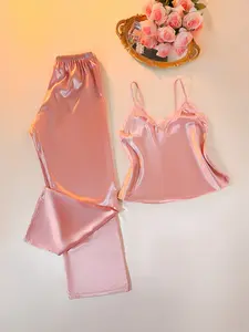 Valentine's Day Women's Four-Season Fashion Solid Color Pajama Set, Nightwear, Lace Trim V Neck Top, Elastic Waist Pants, Casual Loungewear