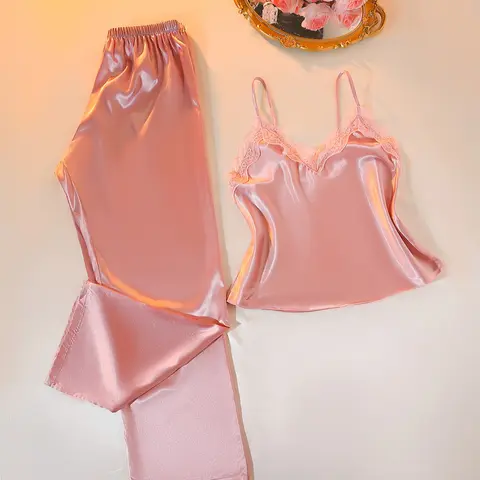 Valentine's Day Women's Four-Season Fashion Feminine Solid Color Nightwear Pajama Set, Loungewear Pjs Set, Lace Trim V Neck Top, Elastic Waist Pants, Casual Lightweight Loungewear