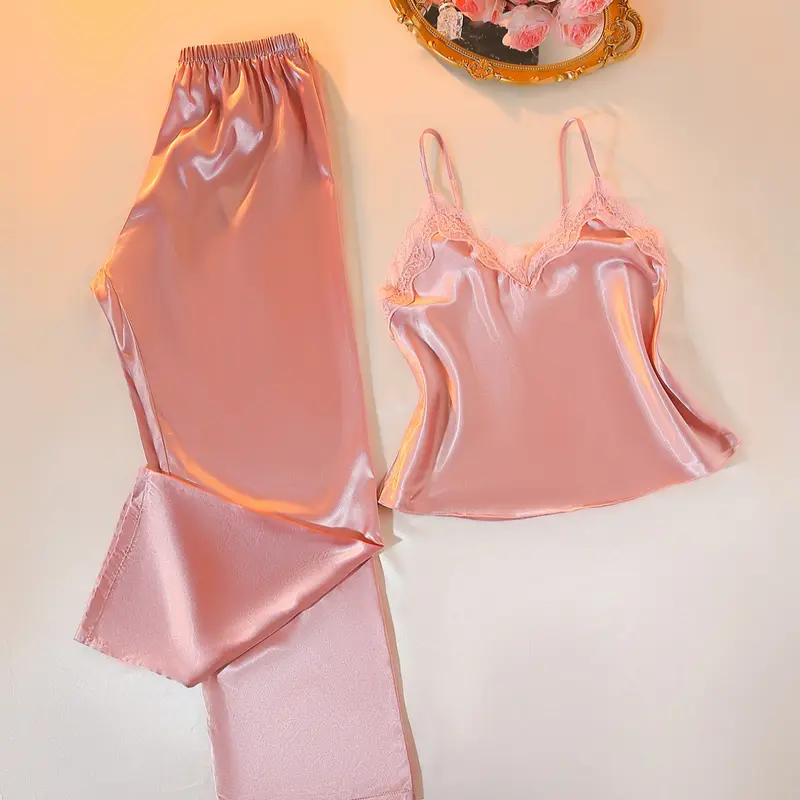 Valentine's Day Women's Four-Season Fashion Feminine Solid Color Nightwear Pajama Set, Loungewear Pjs Set, Lace Trim V Neck Top, Elastic Waist Pants, Casual Lightweight Loungewear