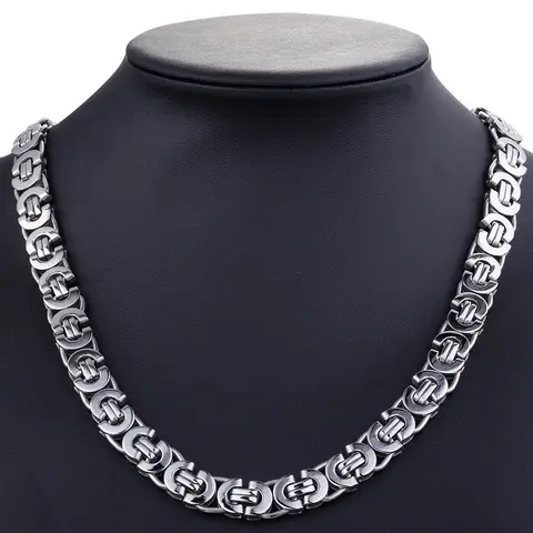 Hermah Flat Byzantine Chain Necklace Silver Color 316L Stainless Steel 11mm 8"-36" Link Jewelry for Male Men necklace