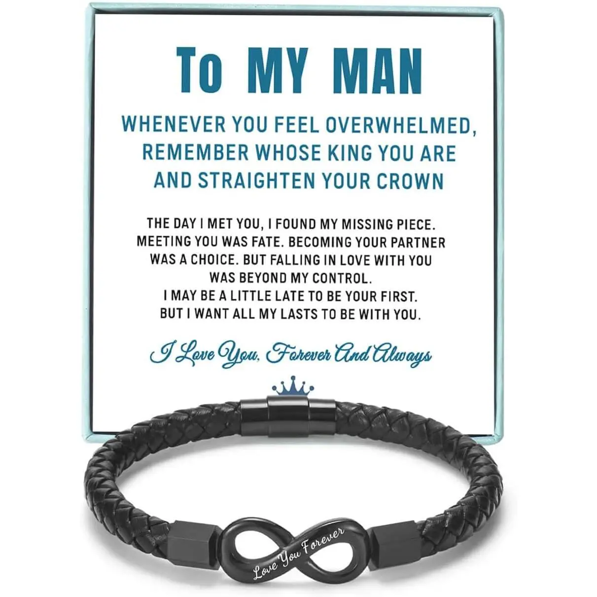 To My Man Straighten Your Crown Bracelet for Husband Boyfriend Mens Braided Leather Bracelets Valentine Birthday Christmas Gifts for Him