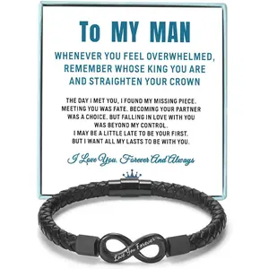 To My Man Straighten Your Crown Bracelet for Husband Boyfriend Mens Braided Leather Bracelets Valentine Birthday Christmas Gifts for Him