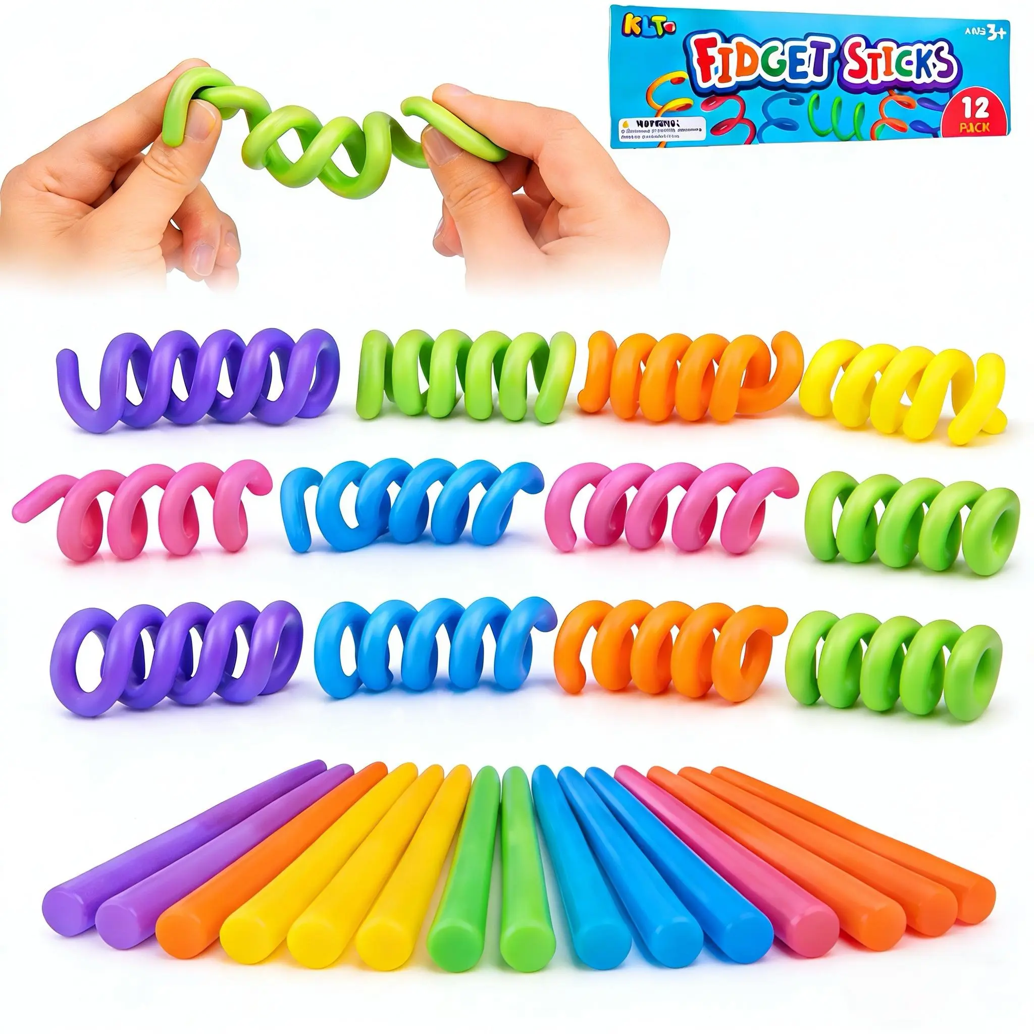 LESONG 12-Pack Textured Sensory Sticks - Silent, Bendable Soft Rubber Stress Relief Toys, Sensory Friendly for Kids to Boost Fine Motor Skills, Classroom Prizes, Stress Relief Gadget, Fidget Sensory Product