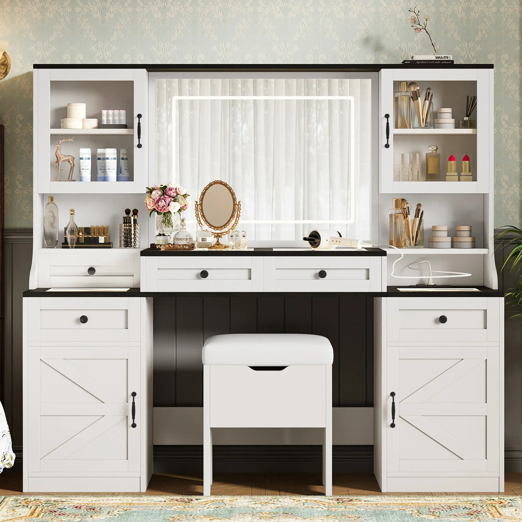 White 61.5" Farmhouse Stylish Lighted Ergonomic Classic Drawer-Style Makeup Vanity Desk Set, Glass Visual Desktop Dressing Table with LED Lights, 5 Drawers, 4 Cabinets & Cushion Stool for Bedroom, Stylish Makeup Vanities, Lighted Dressing Tables