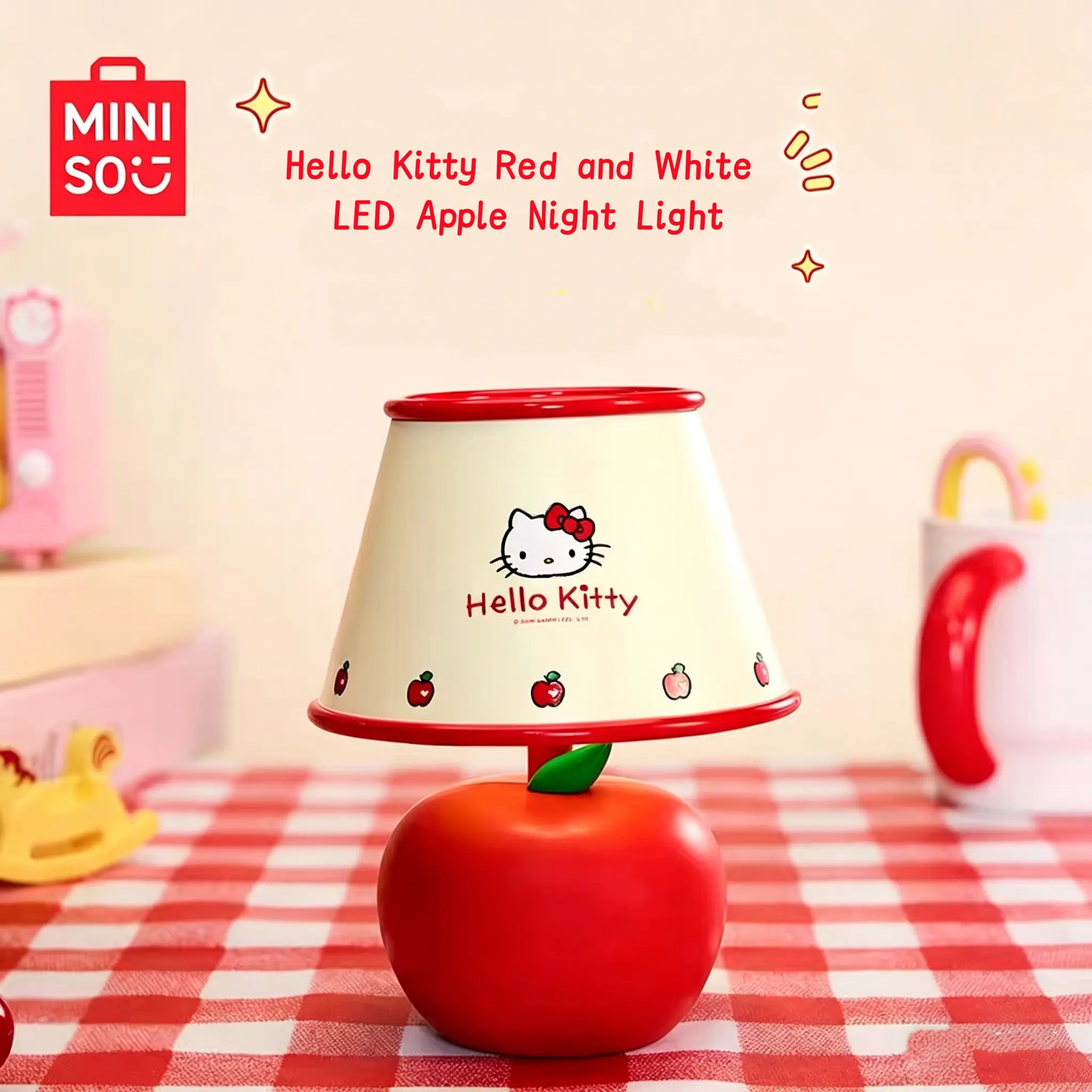 MINISO Hello Kitty Red & White Series LED Apple Night Light, HK Sweet Style LED Bedside Lamp, Cute Creative Bedside Lamp & Decorative Gift for Girls,#SummerVibes