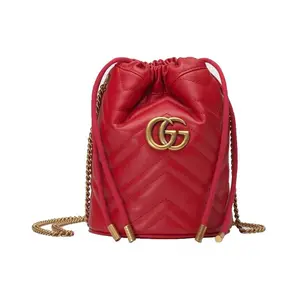 Women's GUCCI GG Marmont Quilted Leather Bucket Bag - Chain Strap, Drawstring Closure, Drawstring Purse, Shoulder Bag (Red)
