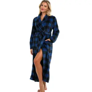 ADR Womens Robes Long Plush, Robes for Women Bathrobe, Plus Size Robe Blue Buffalo Check Small