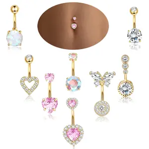 8Pcs Pink Heart Belly Button Ring Piercing Set 14G Surgical Stainless Steel Navel Piercing Hypoallergenic Cute Created-opal Butterfly Belly Button Rings for Women