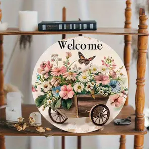 1pc Fantasy Animal Theme Aluminum Welcome Sign, 8x8inch Round Floral Butterfly Door Hanger, Waterproof HD Printed Wall Decoration, with Pre-Drilled Holes for Easy Installation, Front Door Welcome Sign Flower