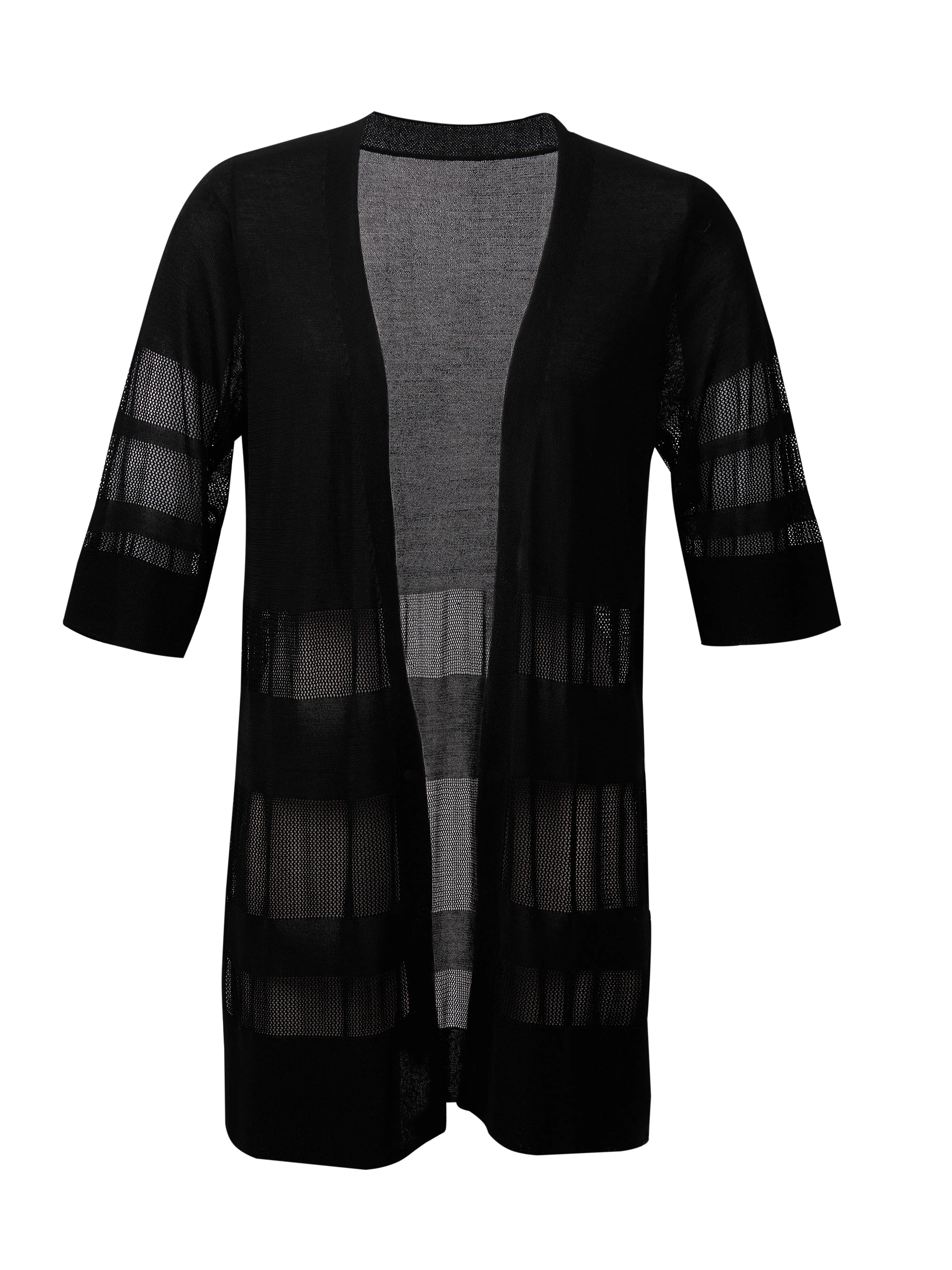 Women's Black Lightweight Long Cardigan Sweater, Open Front V Neck Sheer Knit Duster, Hollow Out Short Sleeve Summer Layer