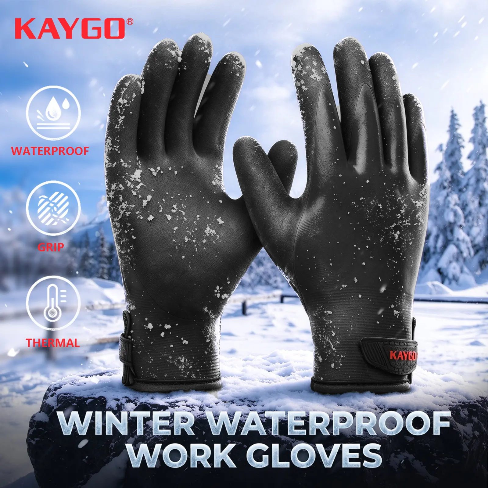KAYGO KG145 Woven Fabric Protector Work Gloves - 100% Waterproof Thermal Men’s Warm Gloves, Double Latex Coated, Multi-Layer Insulation Liner, Heavy Duty Construction-Grade for Cold Storage, Commercial Fishing, Warmth