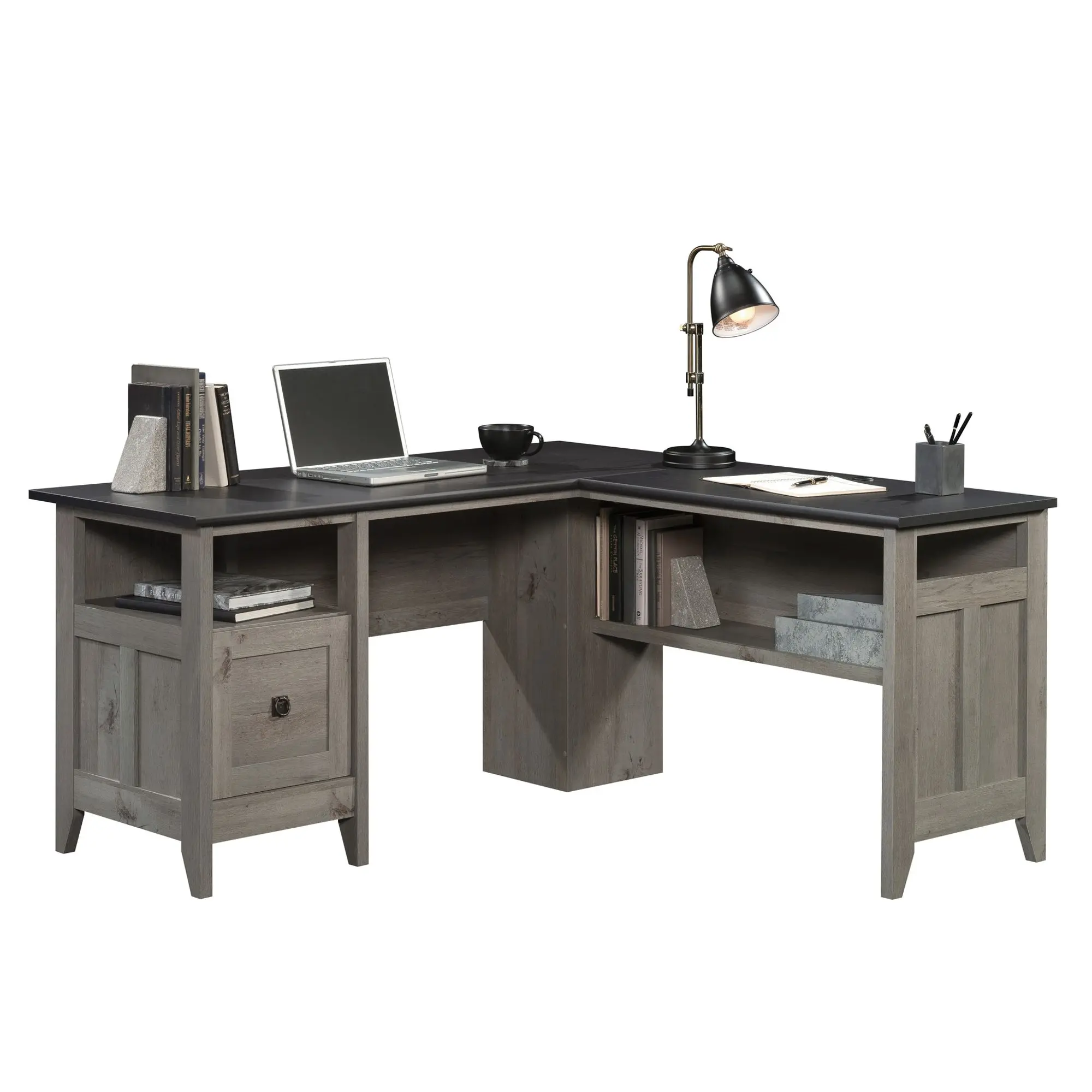 Sauder August Hill Sturdy Wood L-Shaped Computer Desk - Spacious Top Surface, Built-In File Drawer, Integrated Grommet Holes, Open Shelf Wood Workstation for Home Office, Study, Sturdy Computer Desk