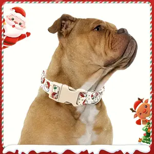 Christmas Pattern Pet Collar with Safety Buckle, Adjustable Dog Collar with Santa Claus Design, Polyester Fiber Material, Indoor Outdoor Use