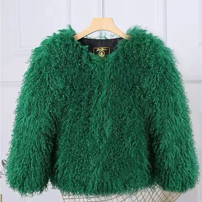 Mongolian Fur Coat - Green Faux Fur Jacket with Collar, Long Sleeves, and Versatile Style for Women's Wear - Womenswear