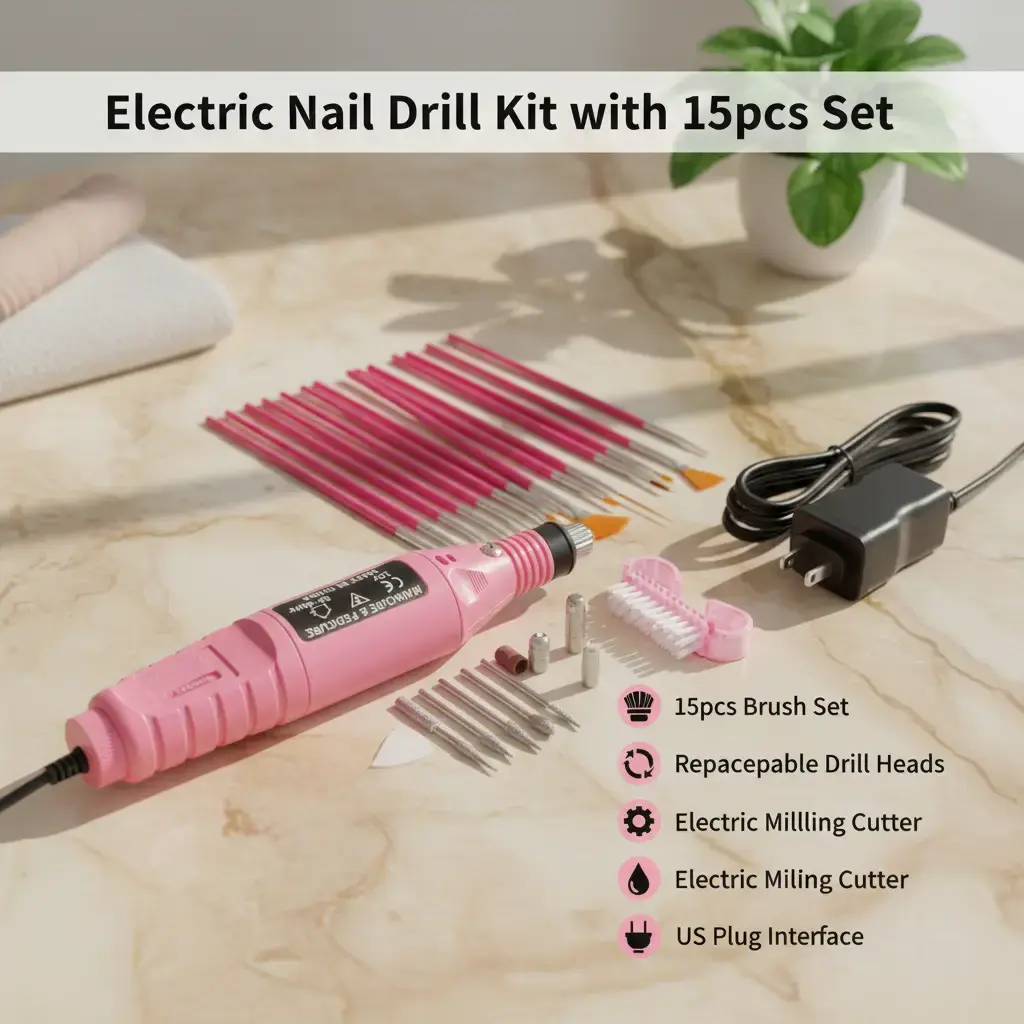 Electric Nail Drill Manicure Kit, Black US Plug Machine with 15pcs Set, 6pcs Drill Heads, 15pcs Art Brushes & Replaceable Metal Tip – Gel Nail Pedicure Tool, Mini Set Pedicure Tool, Nail Routine