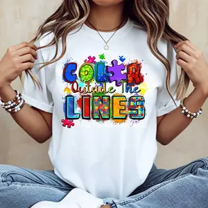 Color Outside The Lines Puzzle Pattern Print T Shirt Casual Loose Fit Women Summer Top