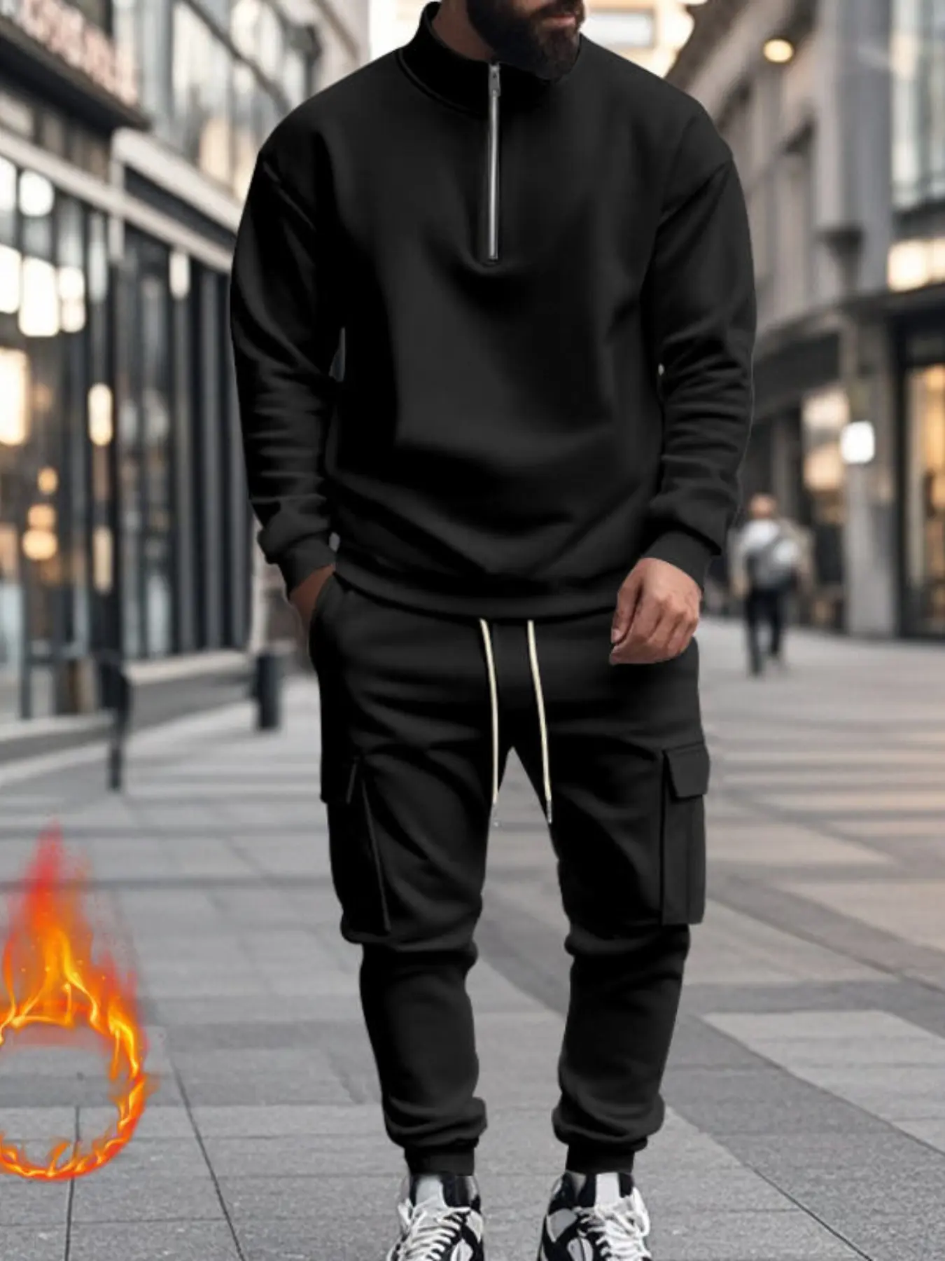 Men's Casual Fleece Sweatsuit - Half - Zip Mock Neck Top, Cargo Pants, 2 - Piece Set, Ribbed Details, Relaxed Fit. Ideal for Blending Comfort & Style in Weekend Workouts, City Errands & Cold Weather Lounging. Experience Effortless Versatility with Fleece
