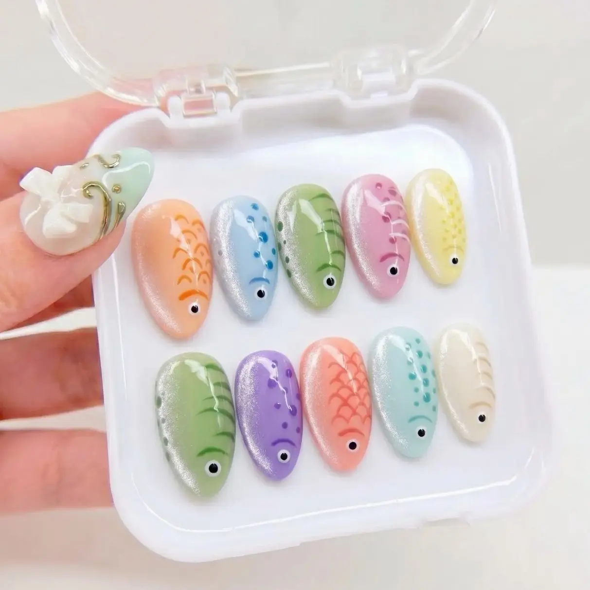 Pastel Fish Press On Nails, Cute Kawaii Fish Nails, Cartoon Ocean Nails, Colorful Summer Nails, Handmade Almond Nails