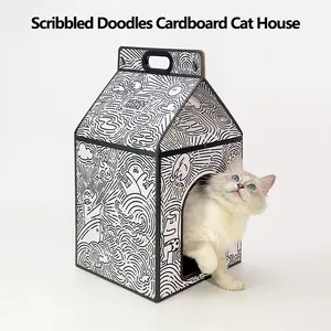 Scribbled Doodles Cardboard Cat House - Milk Carton Design Cat Hideaway - Foldable Indoor Cat Cave with Scratching Surface - Decorative Pet Furniture for Kitten Play & Rest - Cute Cat Supplies
