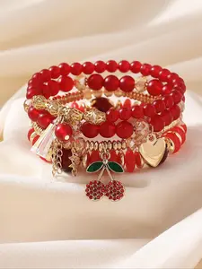 Cute Cherry & Leaf Design Beaded Bracelet, Boho Style Jewelry for Women & Girls, Trendy All-match & Exquisite Jewelry for Birthday Gift, Xoxo Style Bracelet
