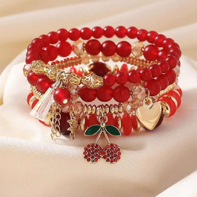Cute Cherry & Leaf Design Beaded Heart Charm Bracelet, Boho Style Jewelry for Women & Girls, Trendy All-match & Exquisite Jewelry for Birthday Gift, Xoxo Style Bracelet, Fashion Bracelets