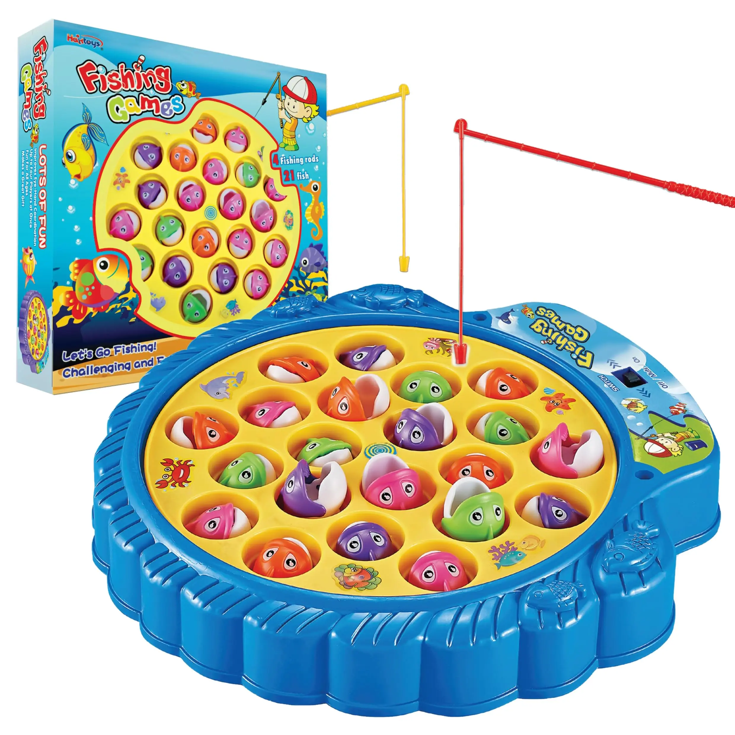 Fishing Game Toy for Kids and Toddlers, Rotating Fish Catching Board Game, Battery Operated Play Set with Music On Off Switch for Quiet Play