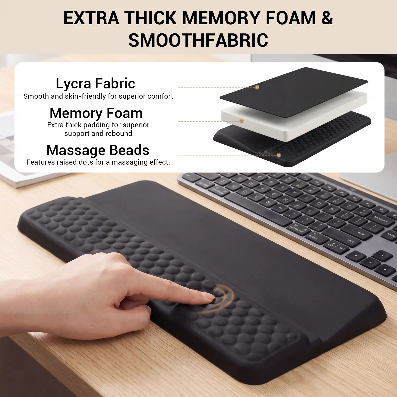 2-in-1 Keyboard Stand Pad with Wrist Rest, Lycra + Memory Foam, 7° Tilt Angle, Raised Massage Points, 9.6in Wide, 17.3in Long, for Extended Typing Sessions, 17.3 Inches Long