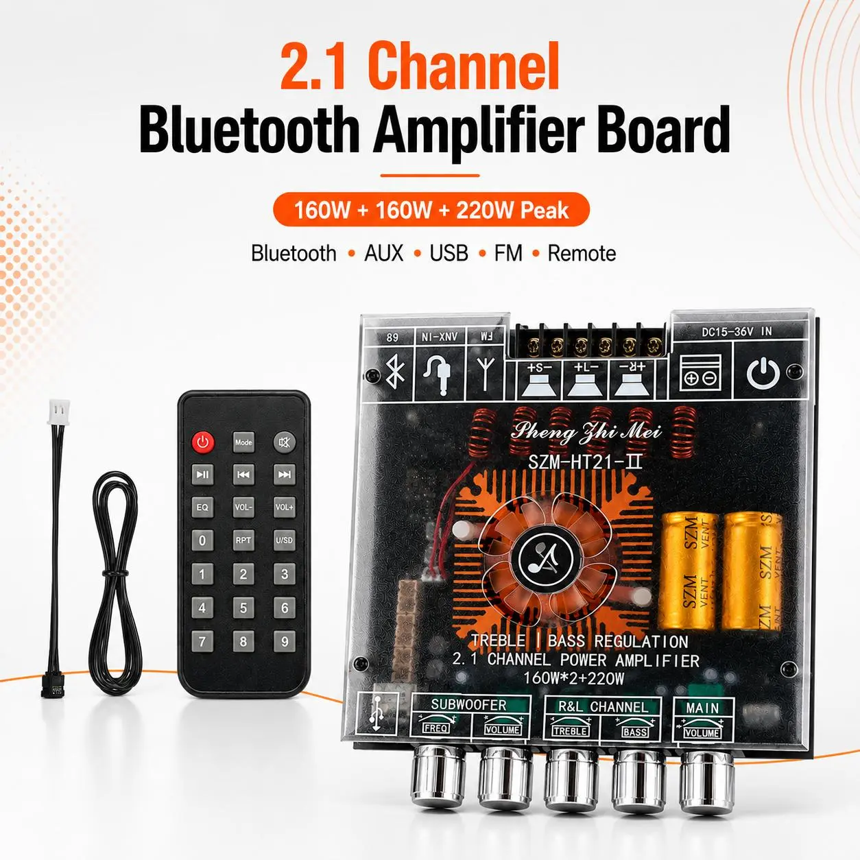 2.1 Channel Bluetooth Amplifier Board, 160W x2 + 220W Peak DIY Audio Amplifier Module with Subwoofer Output, Bass Treble Control, USB/AUX/FM Inputs, Remote Control, DC 15-36V for Speaker Systems