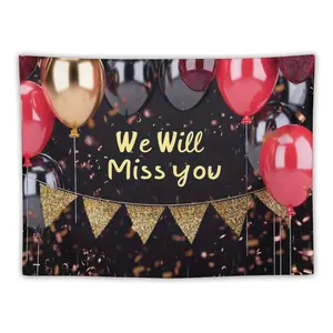 Farewell Tapestries With Dark Background And Yellow We Will Miss You Text Golden Decorative Flags And Colorful Balloons Adding A Gorgeous And Cheerful Vibe Scattered Golden Confetti Suitable For Farewell Party Scenes