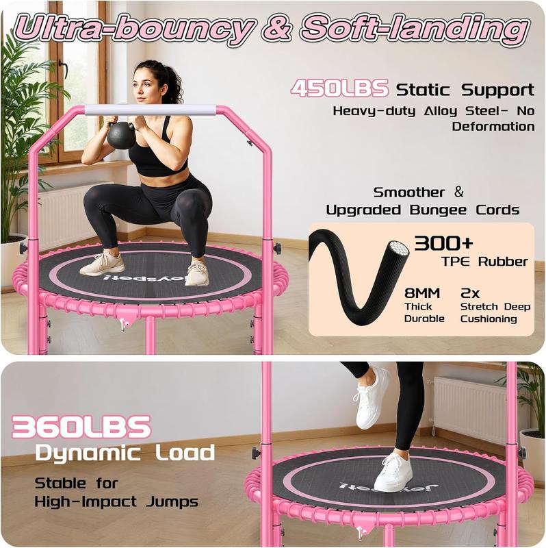 JoySpot 450 LBS Foldable Trampoline, 40 inch Indoor Fitness Rebounder with U-Shape Adjustable Foam Handle, Quiet Bungee Jump System & Cordless Jump Ropes, Indoor fitness, Outdoor fitness, Yoga, Valentine's gift, for Adults