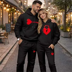 Couple's Key Print Hooded Sweatshirt and Drawstring Sweatpants Set, Casual Sportswear, Long-Sleeve Hooded Jacket and Pants, Suitable for Autumn, Winter, and Spring, Everyday Wear, Tracksuit, Casual Athletic Wear