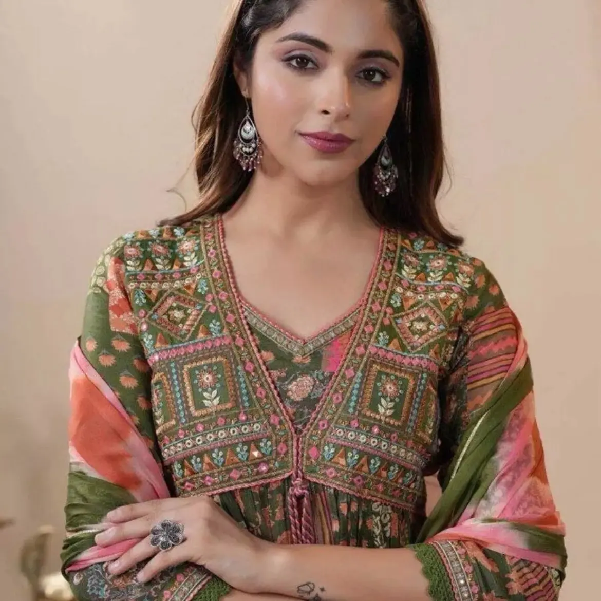 INDIAN FORMAL WEAR CHINON DIGITAL PRINT WORK TOP BOTTOM WITH DUPATTA GREEN IN XL