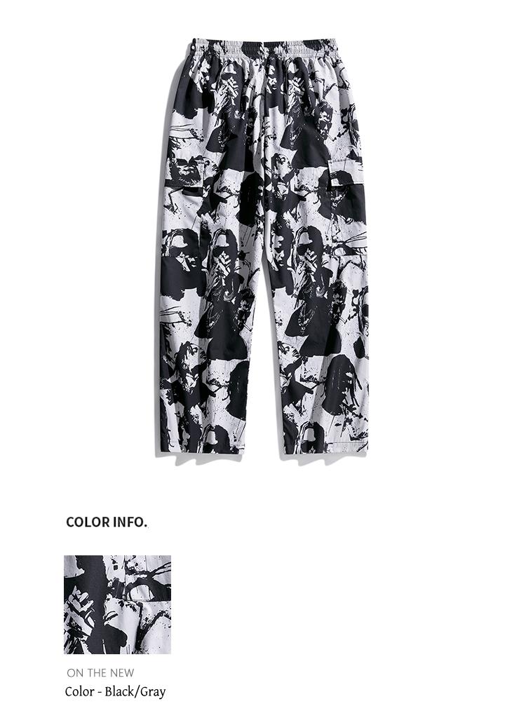 Artistic ink printing casual pants men's loose hanging high street pants black and white graffiti trend straight pants