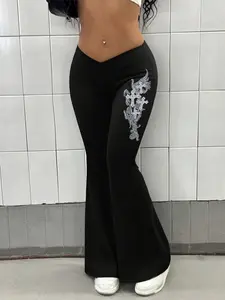 Women's Elastic Fitted Bell Bottom Sleep Pants, Gothic Style, Comfortable Fashion, Home Use and Casual Wear, Fall & Winter