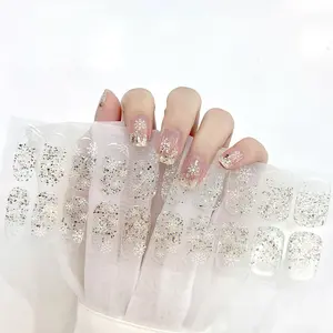 Snowflakes Semi Cured Gel Nail Strips Christmas Nail Stickers Clear with Glitter Gold Sequins Manicure Wraps