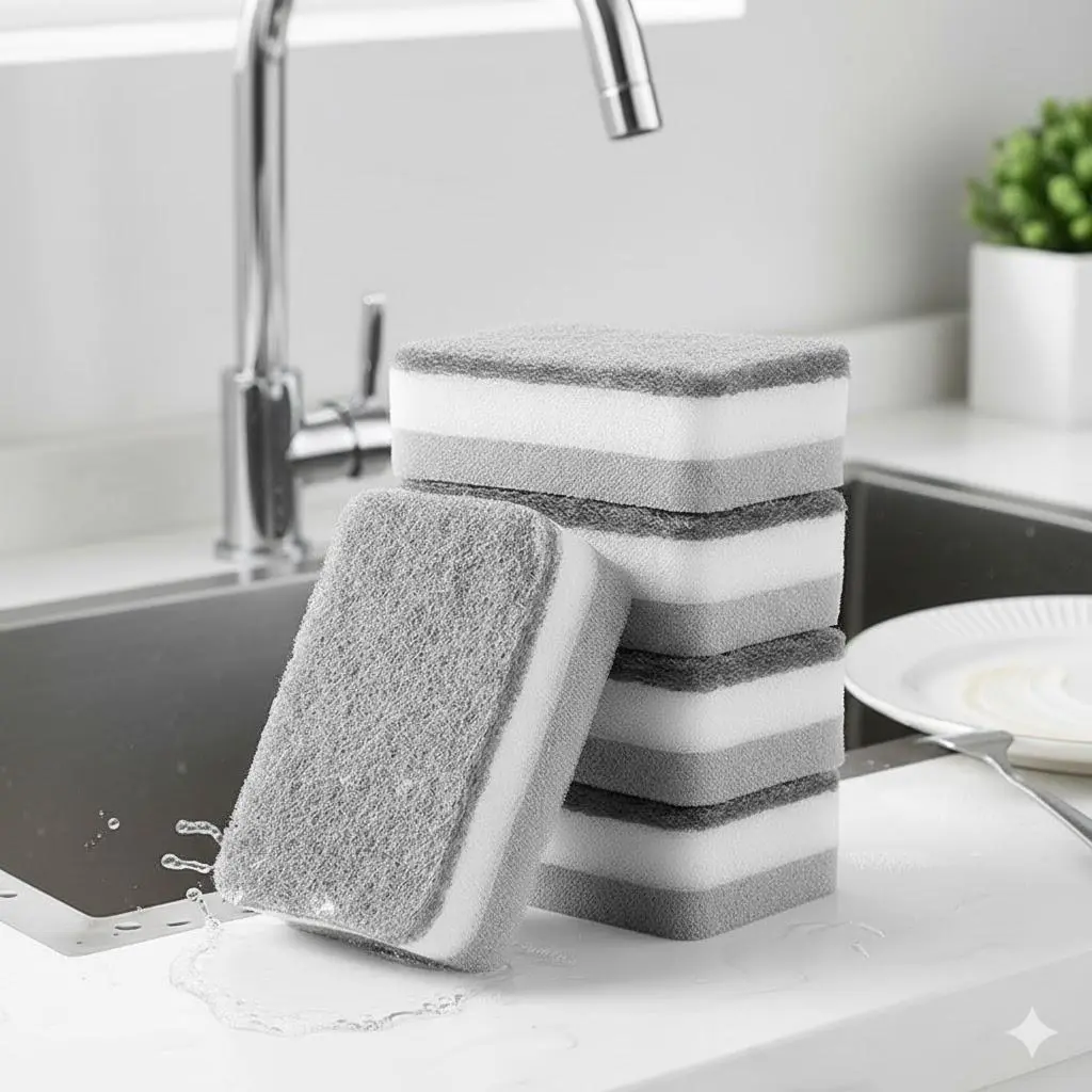 Dual-Sided Cleaning Sponge for Kitchen & Bathroom, Anti-Mold & Antibacterial Scrubber, Non-Scratch Dish Sponge for Dishes, Countertops, Surfaces, Multi-Surface Heavy-Duty Cleaning Tool.
