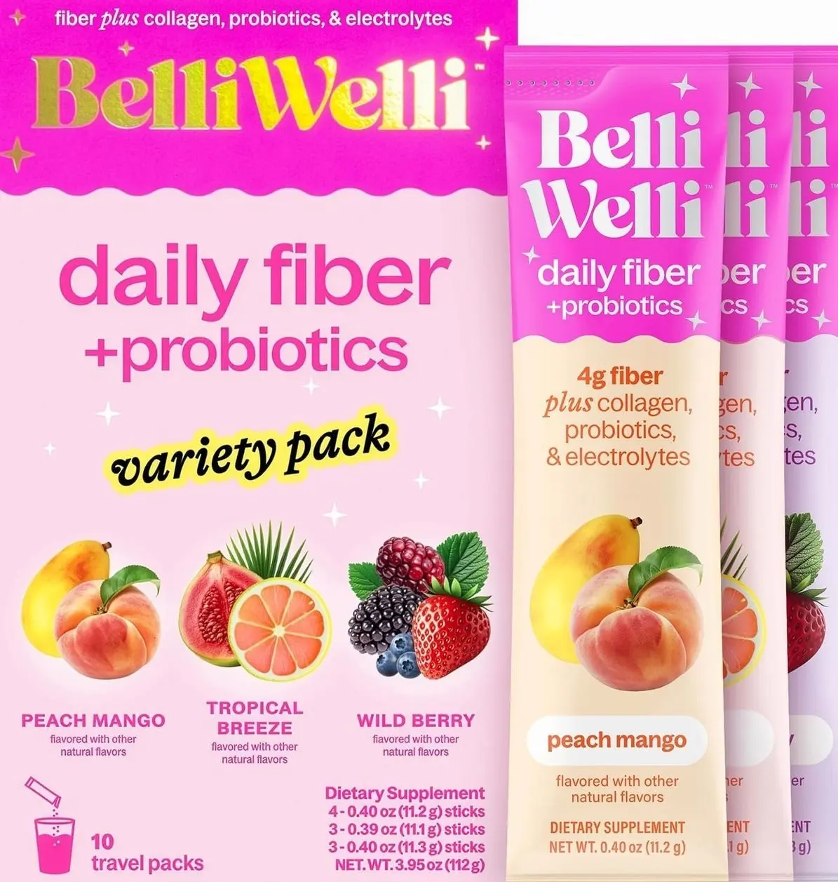 Belli Welli Fiber Supplement, Probiotics Fiber Powder Travel Pack for Women with Collagen & Electrolytes for Daily Gut Health & Debloating, Variety Pack, 10 Packets